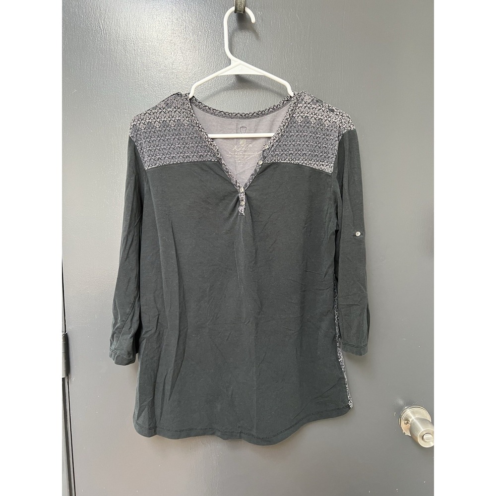 Kuhl Women's Sz L Black Boho Print Henley Top Long Sleeve